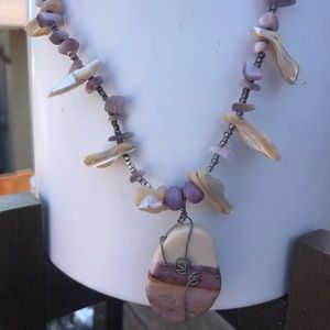 Purple Agate Gemstone Wrapped Shell Necklace White
